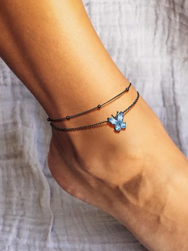 Richsteel Double Layer Heart/Butterfly Birthstone Anklet for Women | Non Tarnish Waterproof, Silver/Gold/Black Stainless Steel 8.5-10.5 Inch Adjustable Chain Anklets Summer Beach Foot Jewelry - color: Black Butterfly-03 Mar.(Aquamarine)