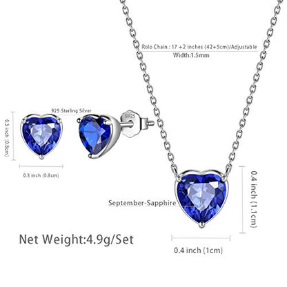 Aurora Tears Hearts Necklace Earrings Jewelry Sets - Women 925 Sterling Silver Birthstone Pendants Earrings Set Crystal Wedding Birthday Jewelry - color: I.September-set
