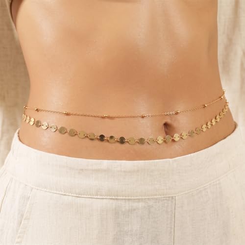 Waist Beads For Women Gold Waist Chain Body Chain Jewelry | 2 Layer Copper Belly Chain Jewelry 27.5" + 9.8" Adjustable Belt for Festival Beach Summer for Women