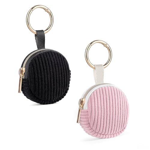 2 Pack Jewelry Ring Holder Keychain, Travel Jewelry Holder Case | Corduroy Small Travel Ring Keeper Box for Rings, Earrings, Stud, Necklaces, Gifts for Party/ Birthday/ Wedding/ Christmas - color: 2 Pack-Black+Pink