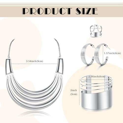 JOERICA Bib Choker Necklace Silver Gold Jewelry Set Wide Cuff Bangle Bracelet Open Hoop Earrings Adjustable Ring Chunky Silver Gold Statement Costume Jewelry Set for Women - color: Silver Tone