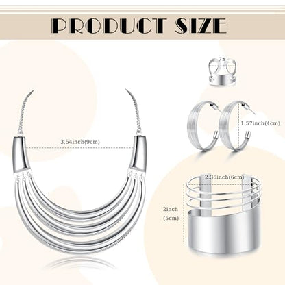 JOERICA Bib Choker Necklace Silver Gold Jewelry Set Wide Cuff Bangle Bracelet Open Hoop Earrings Adjustable Ring Chunky Silver Gold Statement Costume Jewelry Set for Women - color: Silver Tone