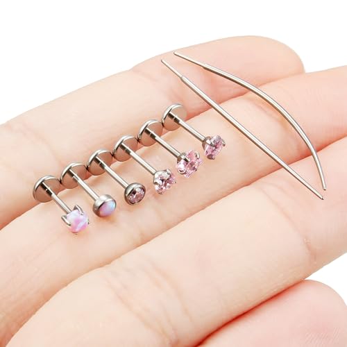 F136 Titanium 20/18/16g Internally Threaded Medusa Monroe Lip Ashley Labret Nose Rings Flat Back Tragus Helix Cartilage Conch Screw Stud Earrings Surgical Steel Piercing Jewelry for Women - color: Pink CZ, size: 20g*1/4in