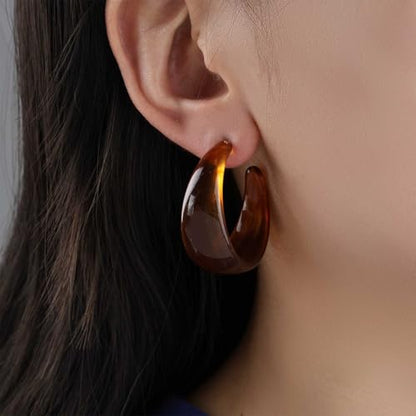 Punk Turquoise Hoop Earring Chunky Acrylic Hoop Earrings Blue Turquoise Circle Earring Acrylic Resin Hoops Earrings Wide C Shape Western Statement Jewelry for Women - color: Brown