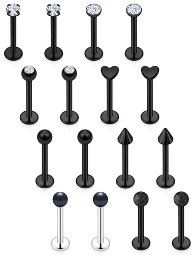16G Flat Back Earrings Nose Studs 316L Surgical Steel Medusa Labret Monroe Lip Ring Tragus Forward Helix Conch Cartilage Lobe Earrings Stud Piercing Jewelry For Women Men 8MM Bar Length - color: Black
