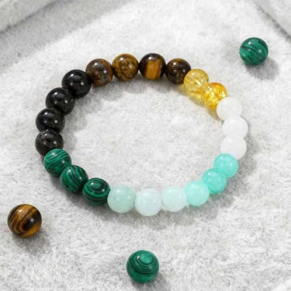 Natural Stone Beaded Bracelet for Men Women, Malachite Tiger Eye Obsidian Elastic Stretch Bracelet for Wealth & Energy - color: White-yellow