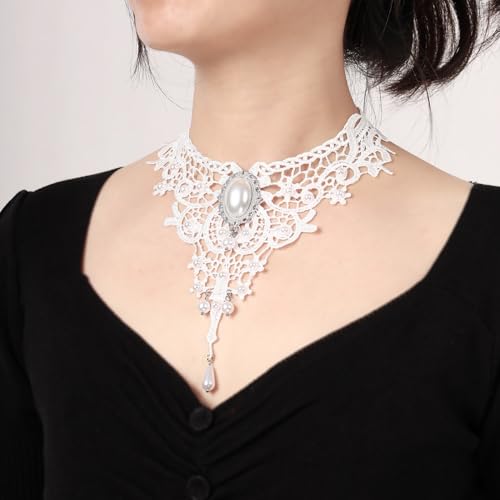 MILAKOO Lace Tattoo Choker for Women Elegant Goth & Elegant Necklace Collarbone Pearl Pendant Collar - color: White A