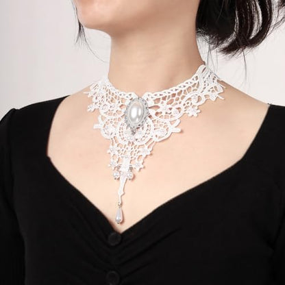 MILAKOO Lace Tattoo Choker for Women Elegant Goth & Elegant Necklace Collarbone Pearl Pendant Collar - color: White A