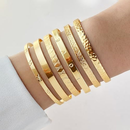IFKM Gold Bangle Bracelets For Women, 14k Gold Plated Multi Layer Stackable Cuff Bracelet Set, Trendy Elegance Charms Non Tarnish Minimalist Textured Boho Jewelry Gift for Women - style: 6pcs Love