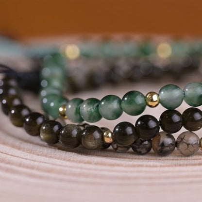 Natural Stone&925 Sterling Silver/18K Gold Anklet,│4MM│9-12 in│, Hand Woven, Adjustable Size - color: Aquatic Green Agates