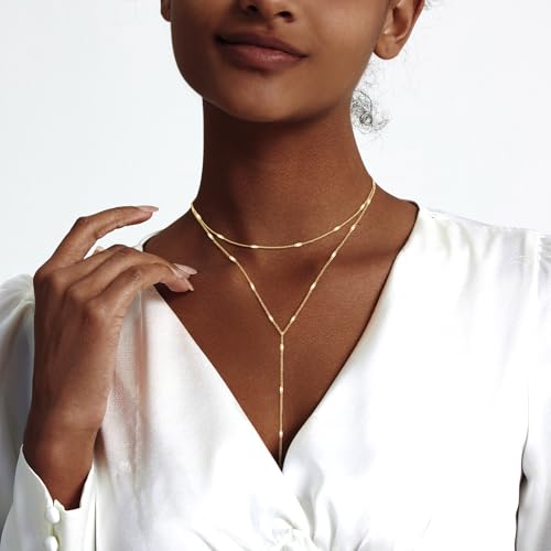 Zeffy Lariat Gold Necklace for Women, Dainty Long Necklace 14k Gold/Silver Plated Layered CZ Beaded Bar Chain Y-Shaped Body Chain Stack Drop Wedding Necklace Trendy Simple Gold Jewelry Gifts - color: Gold Bar Y Necklace(1PCS）