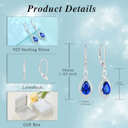 Infinity Teardrop Earrings 925 Sterling Silver Dangle Drop Leverback Earrings Birthstone Jewelry for Women - color: Royal Blue