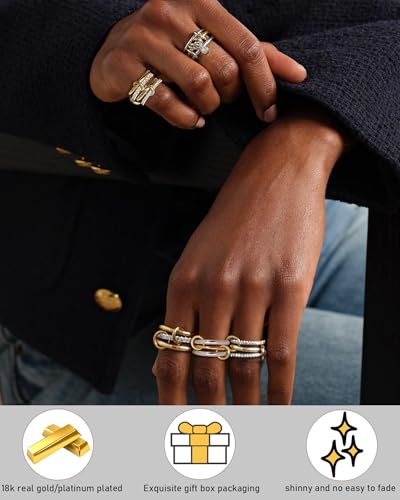 TLY Stackable Gold Rings for Women Interlocking Ring Stack Set non tarnish | 18K Gold Silver Plated Mixed Metal Statement Rings Waterproof Cubic Zirconia Fashion Connected Band Thumb Ring Size 4-11 - color: 06.Piera set