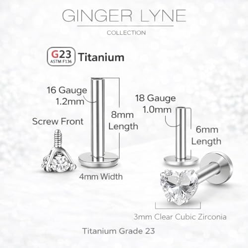 Titanium Heart CZ Labret Stud Earrings for Piercings by Ginger Lyne 6Pc Set G23 Screw Front Flat Back Body Jewelry 2 pair post 6mm, 8mm Cartilage, Helix, Tragus, Lip, Conch, Lobe - color: 3mm-Clear