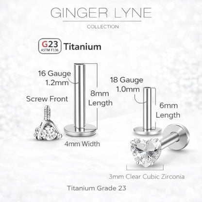 Titanium Heart CZ Labret Stud Earrings for Piercings by Ginger Lyne 6Pc Set G23 Screw Front Flat Back Body Jewelry 2 pair post 6mm, 8mm Cartilage, Helix, Tragus, Lip, Conch, Lobe - color: 3mm-Clear