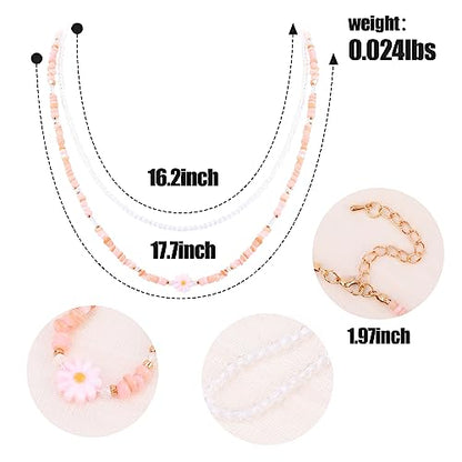 Layered Colorful Beaded Necklace for Women Bohemian Cute Seed Beads Choker Necklace with Dangle Glass Beads Pink Daisy Charm Adjustable Chain Handmade Boho Party Summer Y2K Jewelry Gift for Women