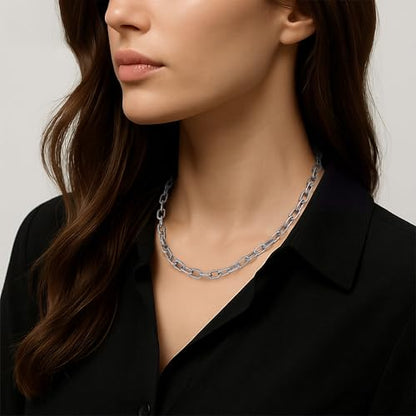 Two Tone Wire Necklace Gold and Silver Link Chain Adjustable 18K Gold Plated Twist Vintage Classic Jewelry - style: Rectangle - Silver