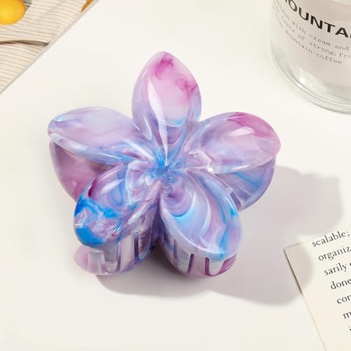 Flower Hair Clips for Women Girls Claw Clips Set Blue-Purple Plumeria with Marble Design Barrettes Summer Hair Clip Fashion Hair Styling Accessories for Thick Thin Hair(3Pcs:1 Large 2 Small) - color: Blue-Purple