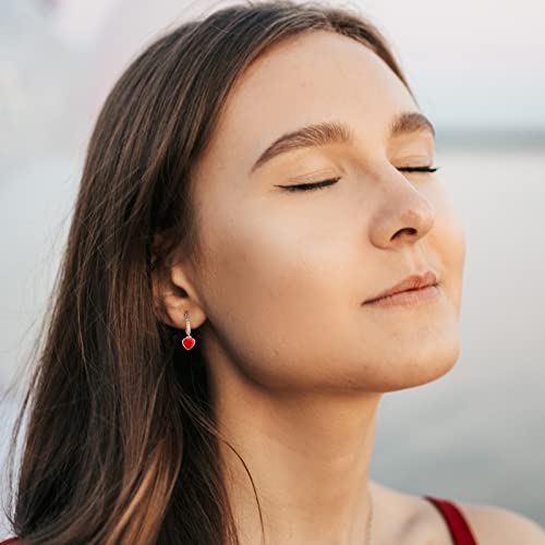 DAILY VIBES Cute Gold Mini Dangle Huggie Hoop Earrings for Women Trendy | 14K Gold Plated, Dainty Cubic Zirconia, Small Hoop Earrings with Charm Drop, Jewelry Gift for Women Ladies - color: Red Heart CZ