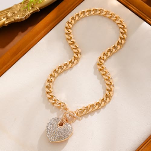 14K Gold Plated Heart Chain Necklace Women Trendy Cuban Link Paperclip Chain Toggle Clasp Necklace Fashion Chunky Jewelry for Women - color: Heart-1