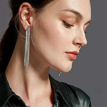 14k Gold Long Tassels Chain Dangle Drop Earrings for Women Black Silver Punk Sleek Metal Chain Earrings Wedding Bridesmaid Jewelry - color: Black