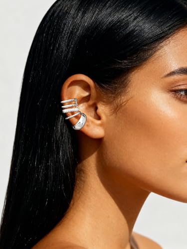 Ear Cuffs Non Piercing Hypoallergenic Gold Plated Ear Cuff Earrings for Women Trendy Clip On Cartilage Earring Set Dainty Adjustable Fake Piercings Earrings Fashion Accessories - color: F:3pcs silver ear cuff
