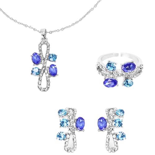 Elegant Jewelry Set Necklace for Women，Adjustable Dainty Cubic Zirconia Trendy Choker Pendant Necklace+Earrings+Ring, Mother's Day Valentine's Day Gifts Pendant Set for Women 3PCS - color: Blue silver