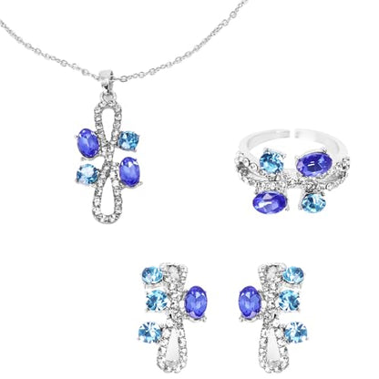 Elegant Jewelry Set Necklace for Women，Adjustable Dainty Cubic Zirconia Trendy Choker Pendant Necklace+Earrings+Ring, Mother's Day Valentine's Day Gifts Pendant Set for Women 3PCS - color: Blue silver