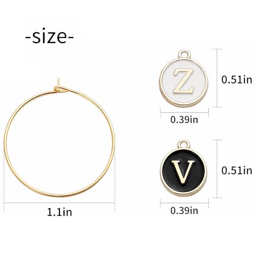 112 Pcs Wine Glass Charms Set, 60 Gold Hoop Rings + 52 Black & White Letter Beads Enamel Initial Charms, Zinc Alloy Iron Drink Markers for Stem Glasses, Wine Charm Identifier for Thanksgiving Christmas Party Favors Decor