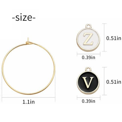 112 Pcs Wine Glass Charms Set, 60 Gold Hoop Rings + 52 Black & White Letter Beads Enamel Initial Charms, Zinc Alloy Iron Drink Markers for Stem Glasses, Wine Charm Identifier for Thanksgiving Christmas Party Favors Decor