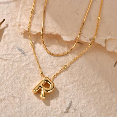 LUCA SMITH 2-Piece Initial Necklaces for Women, Dainty Balloon Bubble A-Z Letter Necklace Set, Name Letter Alphabet Pendant Layered Choker Necklaces Personalized Jewelry Gift - color: Gold bubble letter necklace, style: Initial Set-R
