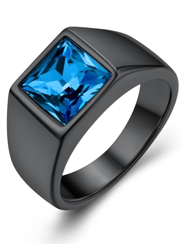 KeyStyle Square Gemstone Signet Rings for Men, Personalized Stainless Steel Pinky Ring with Black Onxy Blue Topaz Birthstone Statement Ring - color: Black - Blue Topaz - 8mm