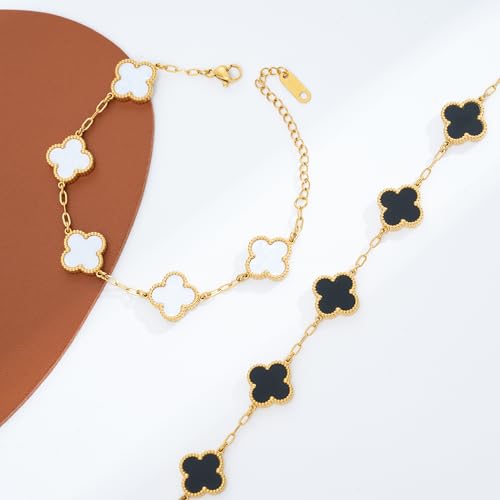 Waterproof Four-Leaf Clover Bracelet,Adjustable Link Double Sided Jewelry, Lovely Fashion Jewelry Gift for Women - color: Black Bracelet + White Bracelet