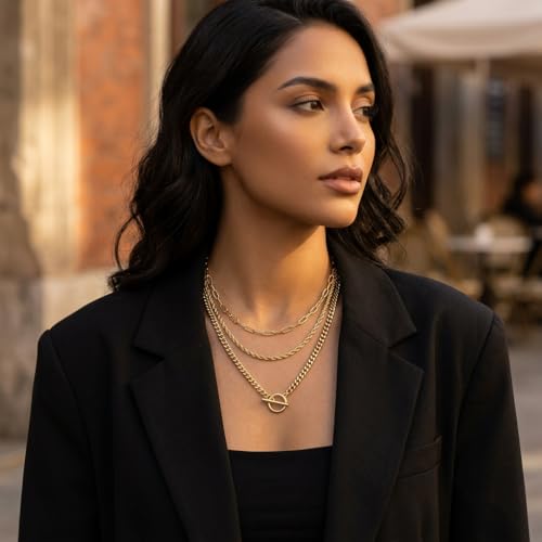 Gold Plated Layered Chain Necklace for Women - 33cm 38cm 45cm Paperclip Rope Curb Chain with Toggle Clasp, Waterproof Gold Bar Necklaces for Women Trendy Jewelry Set