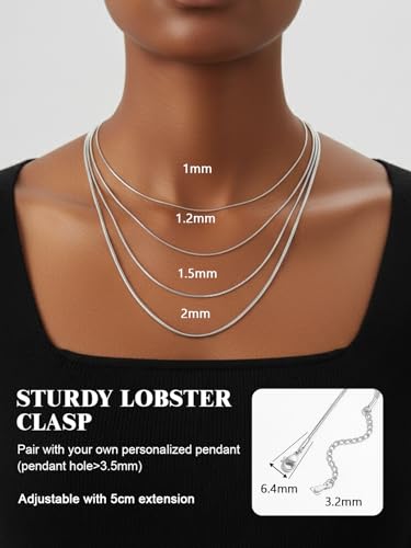 FOCALOOK Snake Chain Necklace, 1/1.2/1.5/2mm 14K Gold Plated Womens Chains | Hypoallergenic Stainless Steel Chain, Non Tarnish Rose Gold/Silver/Black Plated Finish, 14-30" Length for Everyday Layering - color: 1.2mm-Silver, size: 24 Inches