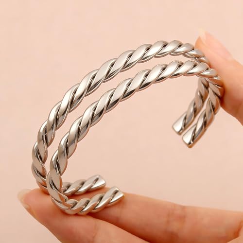 925 Sterling Silver Bracelet Plated Cuff Bangle Bracelet Fashionable Multi-layer Cross Wire Bangle Bracelet Open Adjustable Wide Cuff Bracelet for Teen Girls Fashion Jewelry - color: W-silver23