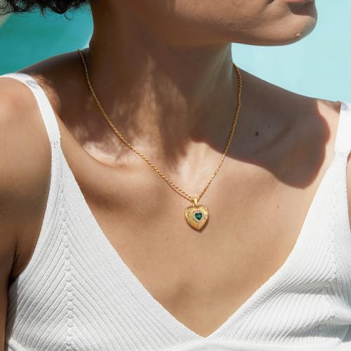 NUZON Sunburst Heart / 2-Tone Interlocking/CZ Evil Eye/Single Pearl/Love Heart Pendant Necklace for Women 14K Gold Chain Necklace Chunky Statement Jewelry - color: Emerald Heart