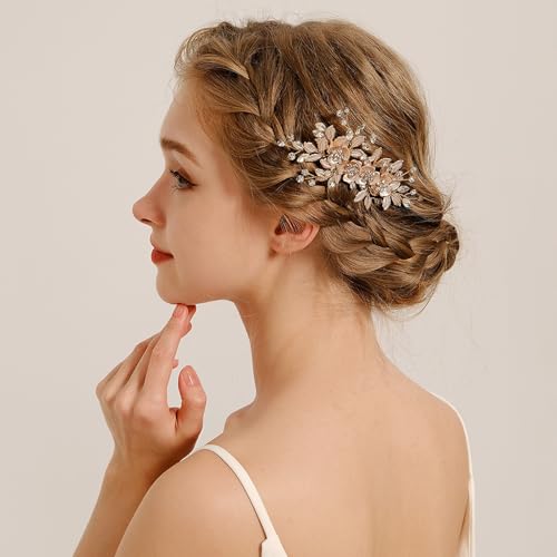 Bridal Hair Accessories Bright Rose Gold Wedding Hair Duckbill Clip for Brides, Handmade Rhinestone Hair Vine Wedding Head Pieces for Women and Bridesmaids Flower Girls, Christmas Gift - color: Bright Rose Gold