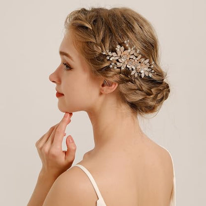 Bridal Hair Accessories Bright Rose Gold Wedding Hair Comb for Brides, Handmade Rhinestone Hair Wedding Head Pieces for Women and Bridesmaids Flower Girls - color: Bright Rose Gold
