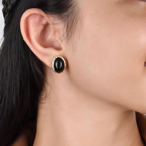 Gempires Bold Oval Gemstone Stud Earrings for Women – Natural Healing Stone Jewelry 14K Gold-Plated Hypoallergenic Tarnish-Resistant – Bold Statement Studs Gift for Her - style: Black Onyx