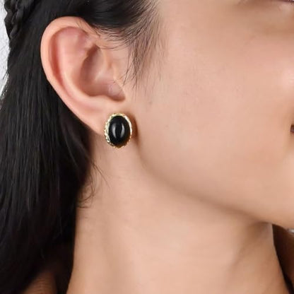 Gempires Bold Oval Gemstone Stud Earrings for Women – Natural Healing Stone Jewelry 14K Gold-Plated Hypoallergenic Tarnish-Resistant – Bold Statement Studs Gift for Her - style: Black Onyx