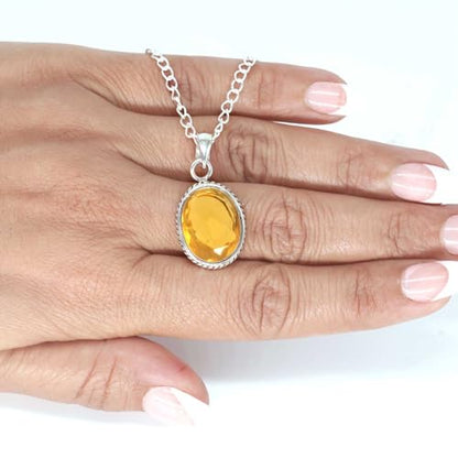 Chunky Natural Gemstone Pendant Necklace For Women Onyx, Turquoise, Amber, Garnet Oval Boho Genuine 925 Sterling Silver Handmade Jewelry - color: Citrine Quartz