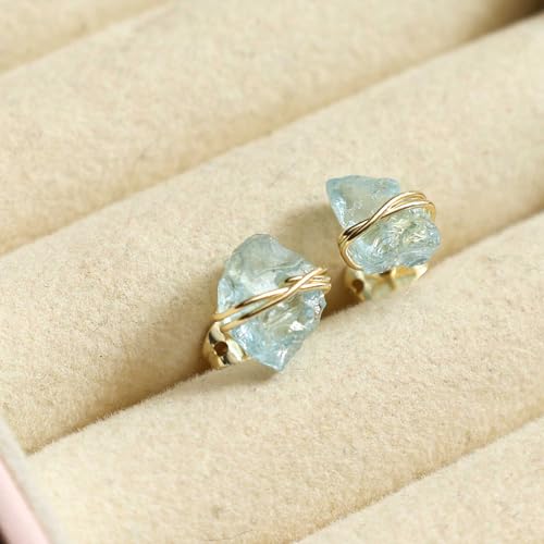 Gempires Wire Wrapped Raw Gemstone Stud Earrings for Women, Birthstone | Handmade wire-wrapped raw gemstone stud earrings — choose from stones and birthstones, artisan raw crystals on gold. - style: Aquamarine