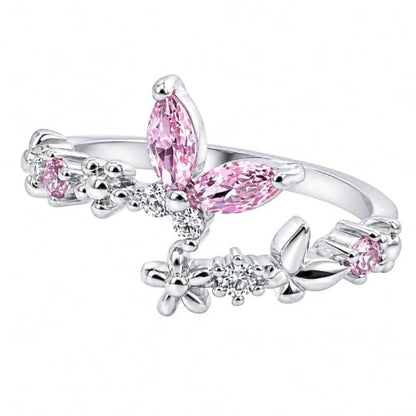 Butterfly & Floral Open Cuff Statement Ring for Women, 18K White Gold Plated Pear Cut Pink Cubic Zirconia Claw Set Stackable Fashion Jewelry