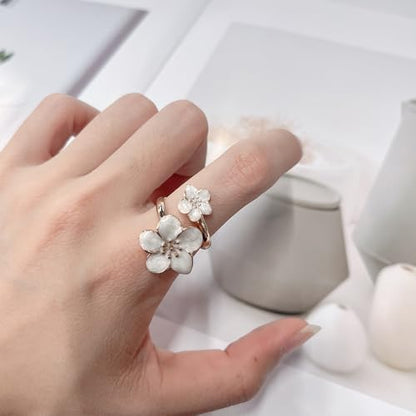 NewZenro Elegant Flower Enamel Adjustable Open Ring for Women Gold-Tone Plated Chic Cherry Blossoms Floral Statement Finger Wrap Band Rings Comfort Fit Wedding Party Prom Fashion Jewelry - color: White