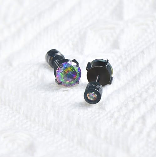 Titanium Flat Back Surgical Stainless Steel Stud Earrings for Women Men,Birthstone Stud Earrings Hypoallergenic Double Side 5A Cubic Zirconia Studs Jewelry 6mm - color: Black-Rainbow CZ