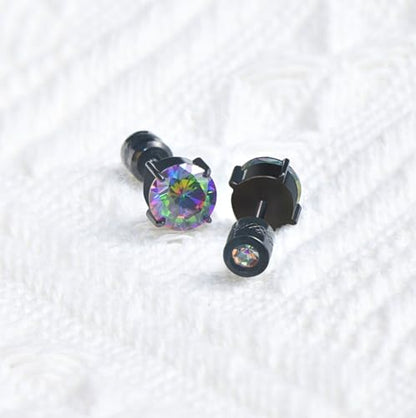 Titanium Flat Back Surgical Stainless Steel Stud Earrings for Women Men,Birthstone Stud Earrings Hypoallergenic Double Side 5A Cubic Zirconia Studs Jewelry 6mm - color: Black-Rainbow CZ