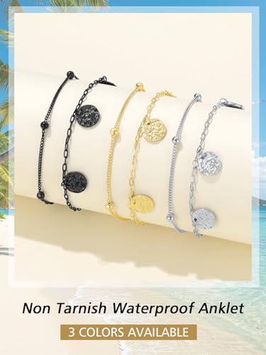 FindChic Ankle Bracelets for Women, Silver/Black/Gold Plated Layered Stainless Steel Anklets, Non-Tarnish Adjustable Waterproof Trendy Foot Jewelry for Beach Summer - style: Layered Coin Charm-Black