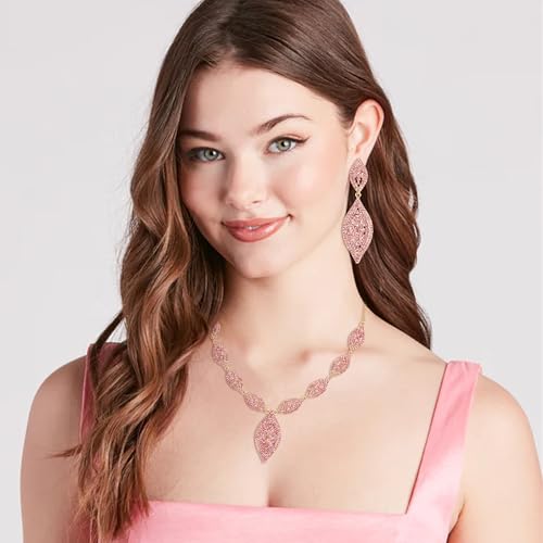 Flyonce Wedding Jewelry Set Rhinestone Crystal Bridal Leaf Necklace Drop Dangle Chandelier Earrings Sets for Women - color: Light Pink Gold-Tone
