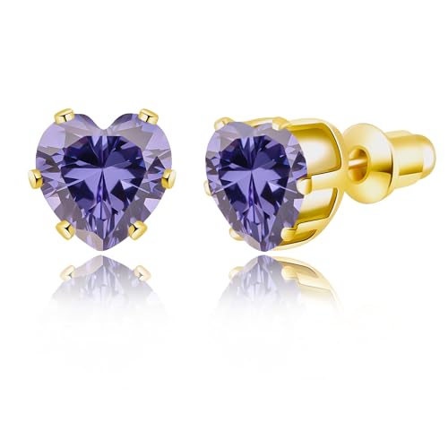 8mm Heart-Cut Birthstone Stud Earrings for Women – 18K Gold Plated Hypoallergenic Cubic Zirconia Earrings, Nickel Free, 12 Months Colors, Everyday Jewelry, Gift for Her, Bridal, Birthday, Christmas - color: 09 Sept Tanzanite